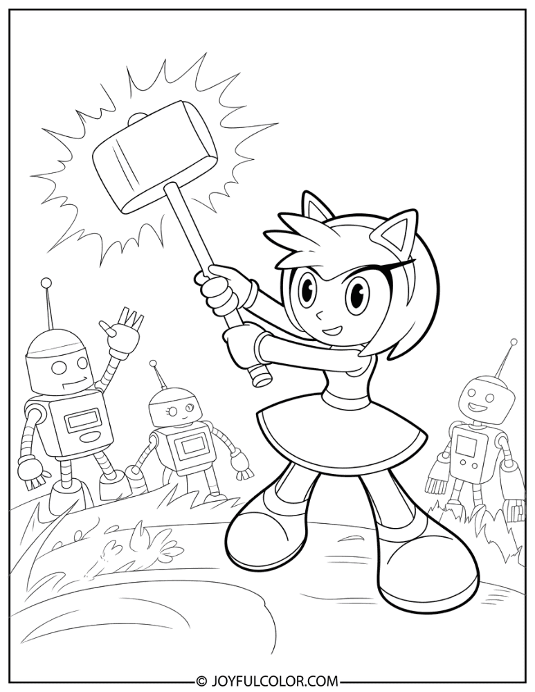 Amy Rose Fighting Robots Coloring Page