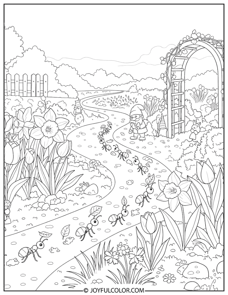 Ants in Flower Garden Coloring Page