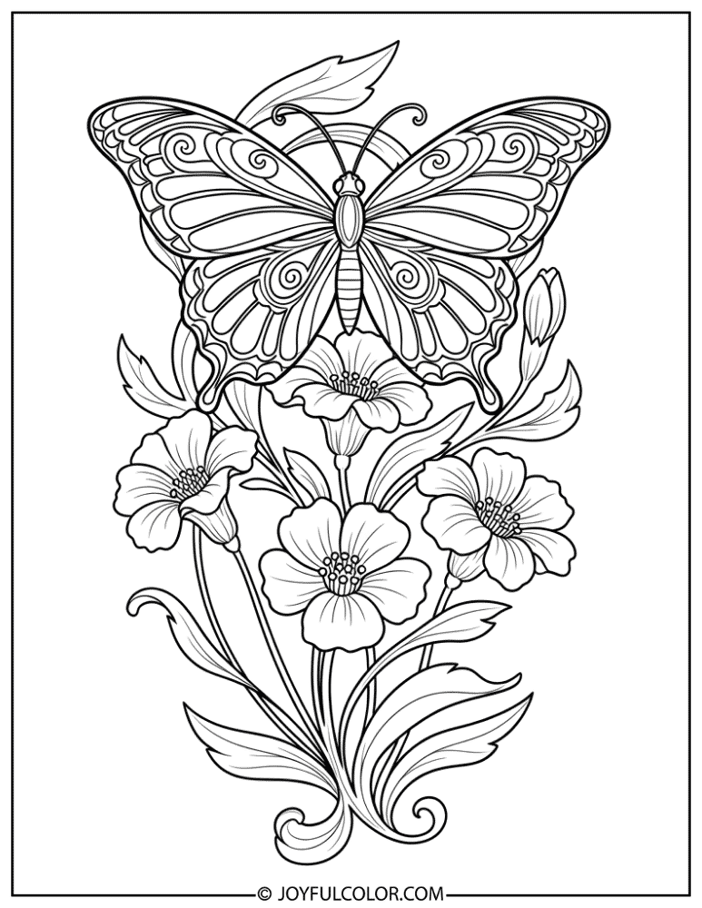 Art Nouveau Butterfly and Flowers Coloring Page