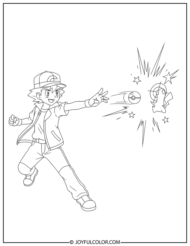 Ash Catching Pokemon Coloring Page