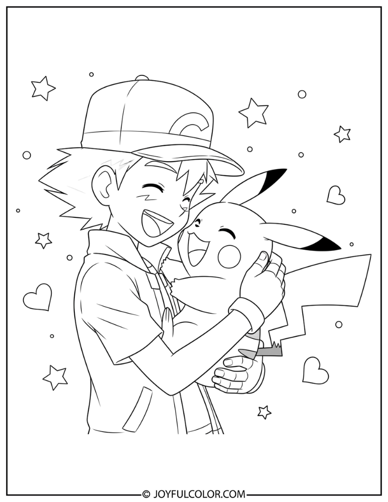Ash Holding Pikachu Coloring Page