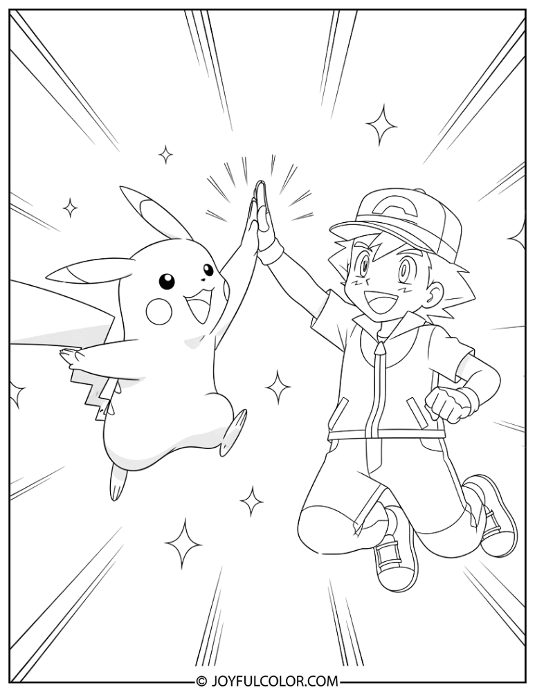 Ash Pikachu High Five Coloring Page