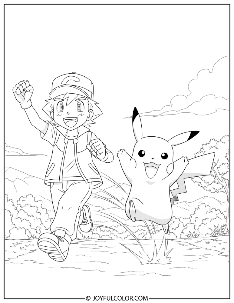 Ash Pikachu Running Coloring Page
