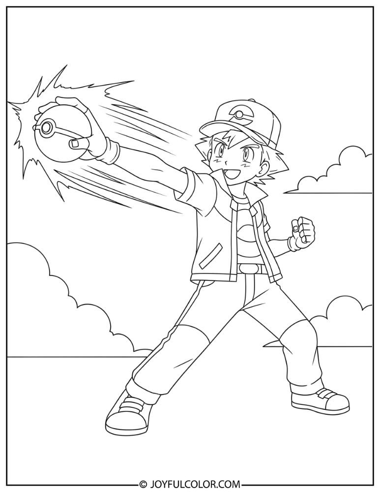 Ash Throwing Pokeball Coloring Page