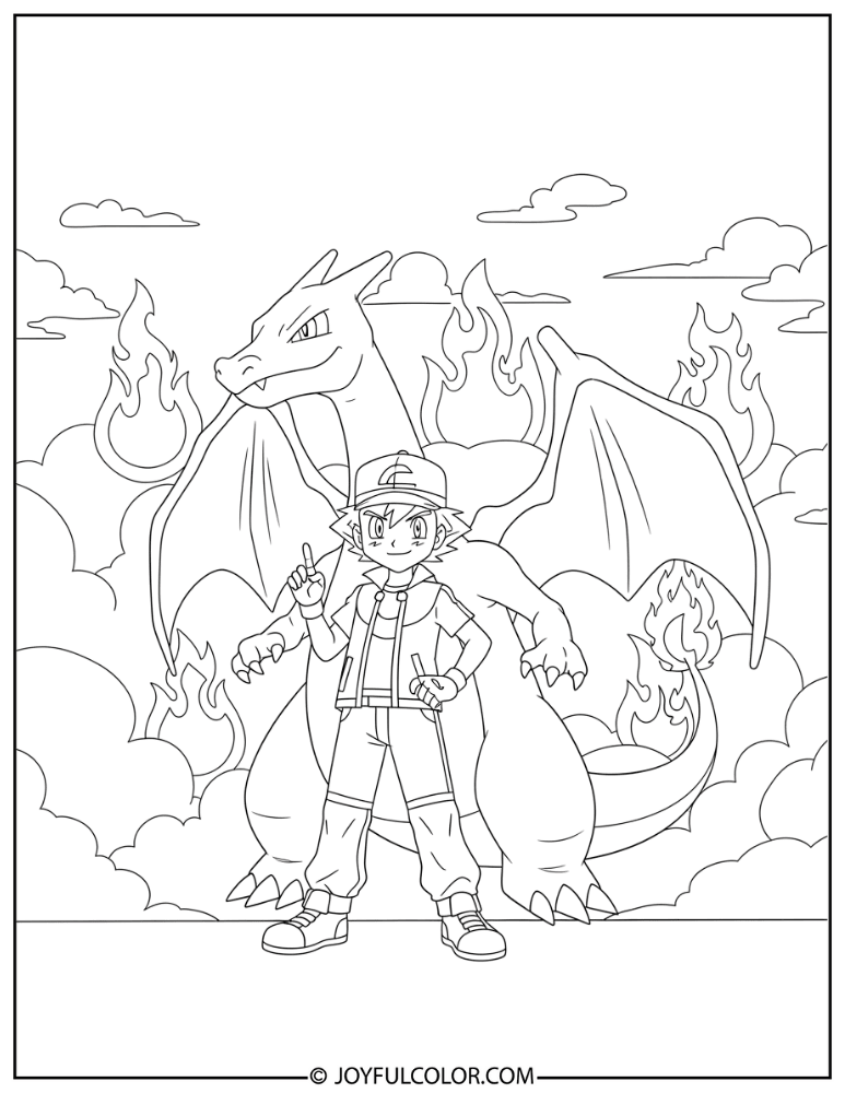 Ash and Charizard Coloring Page