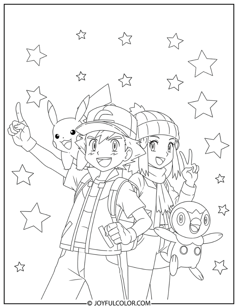 Ash and Dawn Coloring Page