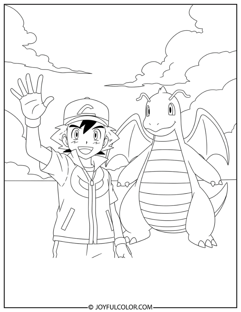 Ash and Dragonite Coloring Page