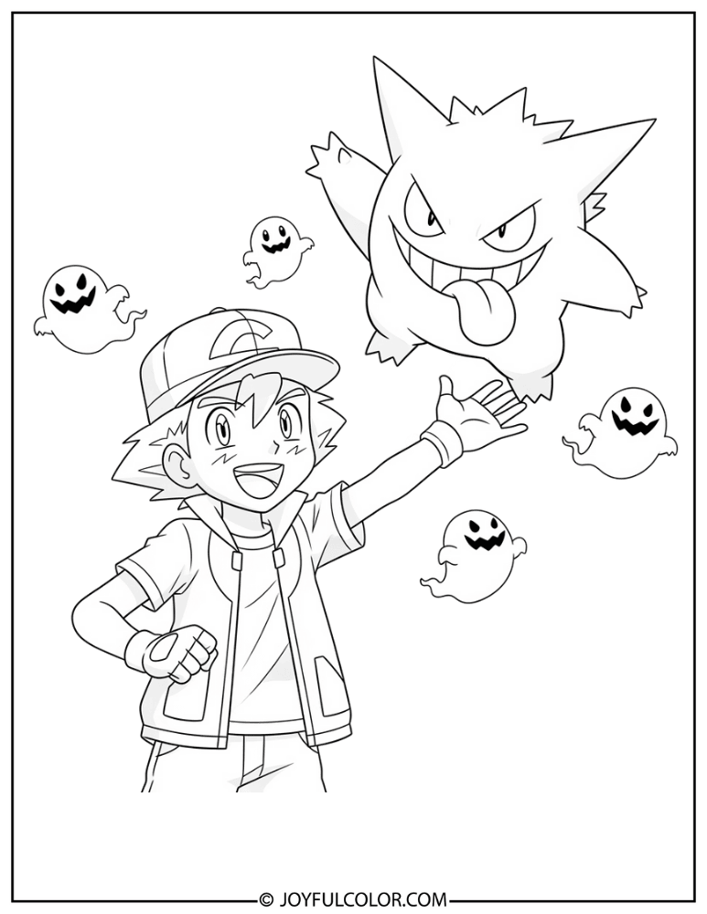 Ash and Gengar Coloring Page