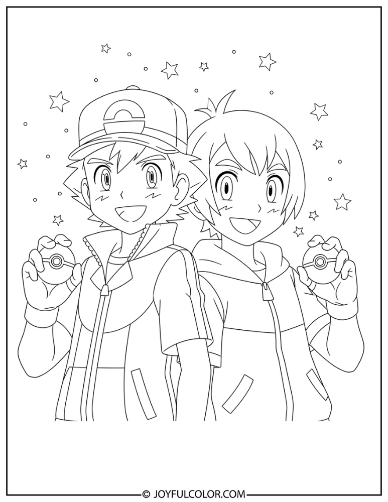 Ash and Goh Coloring Page