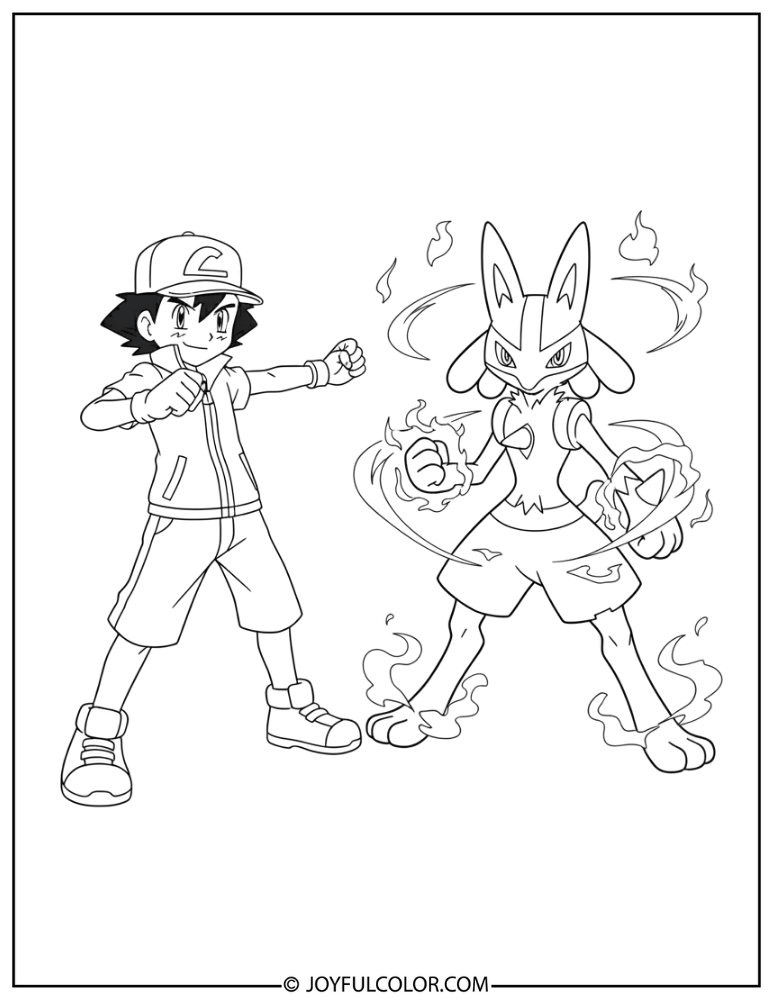 Ash and Lucario Coloring Page