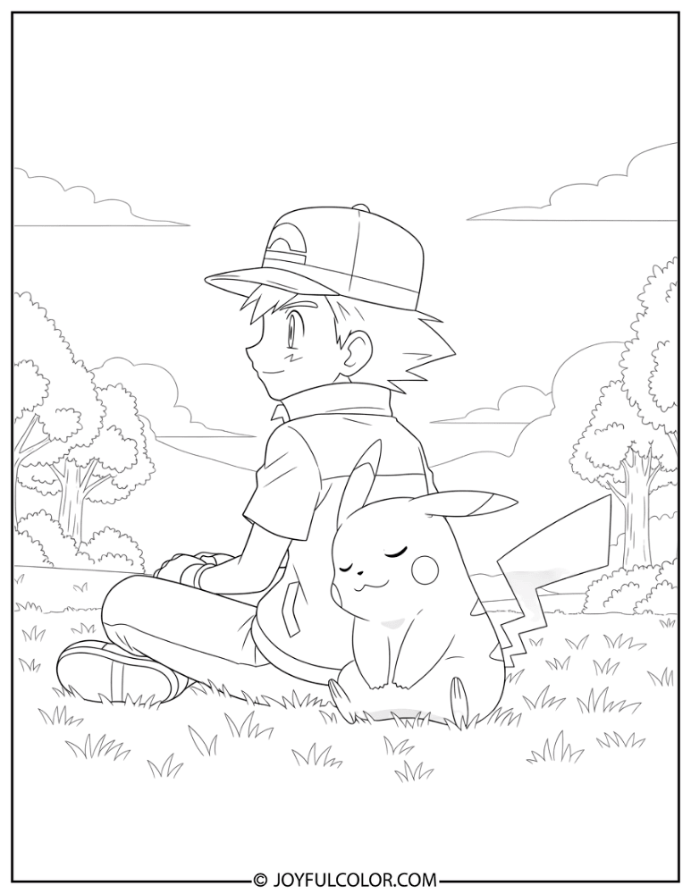 Ash and Pikachu Coloring Page 1