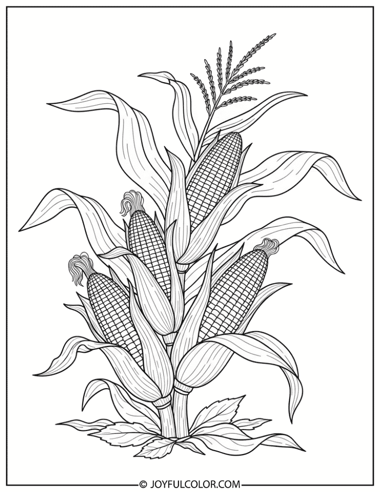 Autumn Corn with Falling Leaves Coloring Page