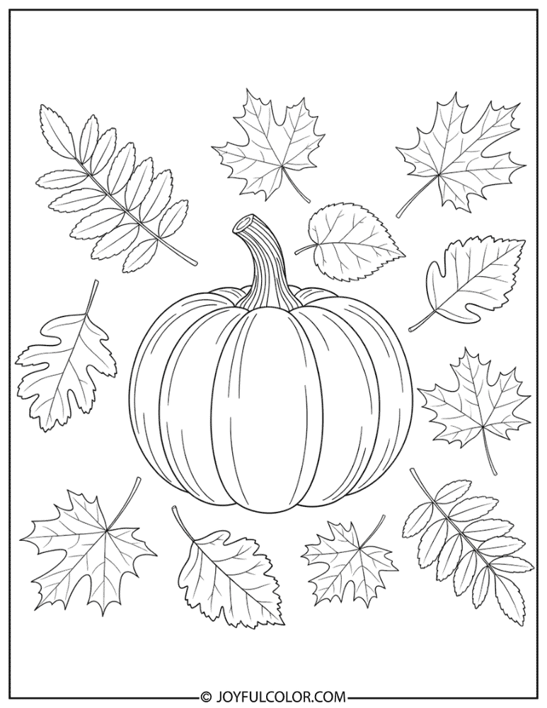 Autumn Leaves and Pumpkin Coloring Page