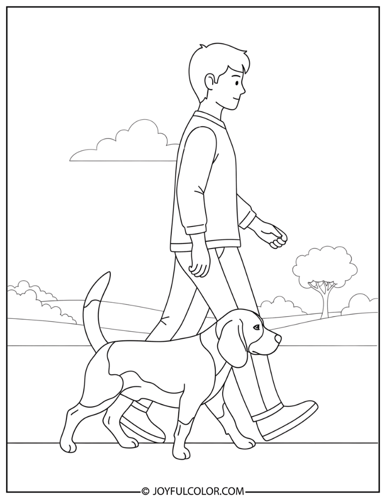 Beagle Walking With Owner Coloring Page