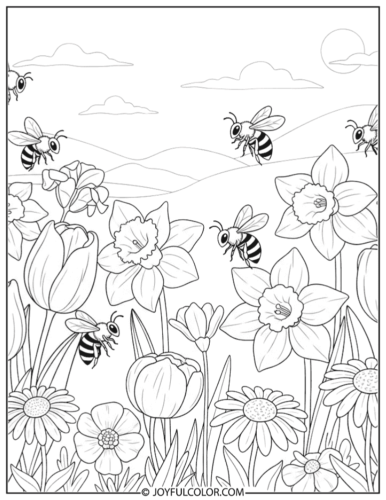 Bees Pollinating Flowers Coloring Page