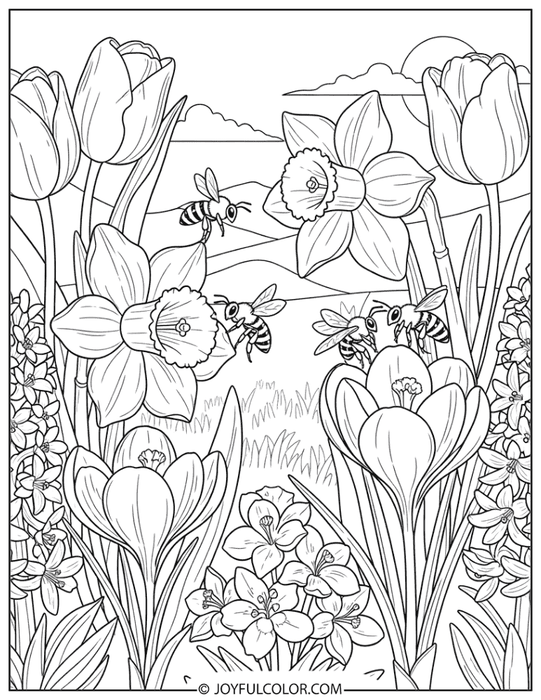Bees Pollinating Spring Flowers Coloring Page