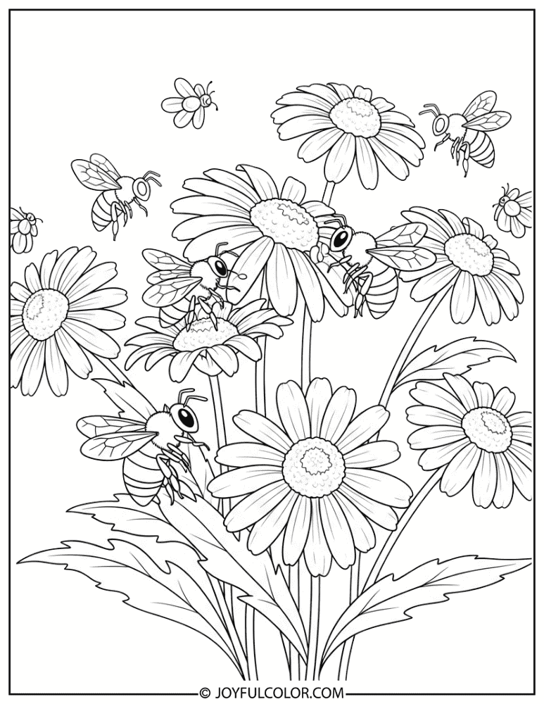 Bees and Daisies Coloring Page
