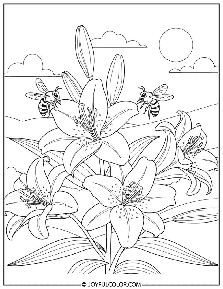 Bees and Lilies Coloring Page