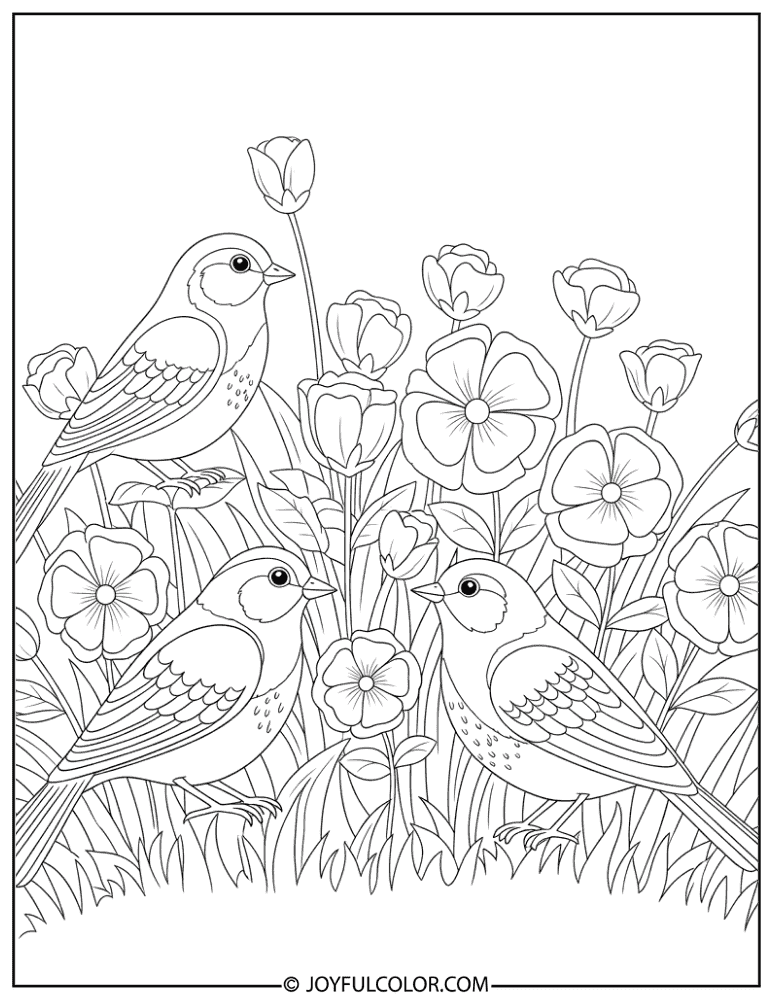 Birds in Flower Garden Coloring Page