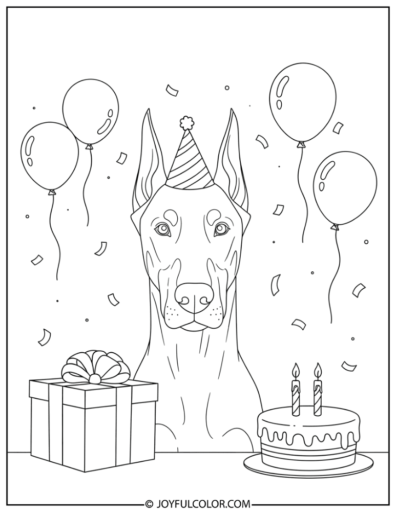 Birthday Doberman Coloring Page