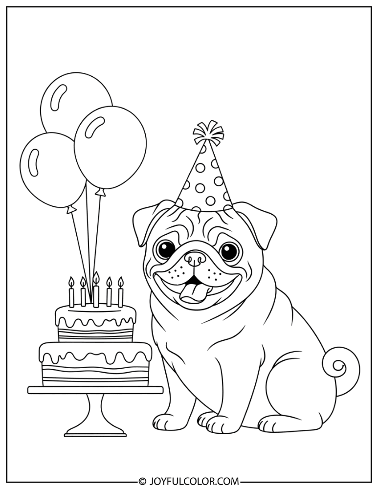 Birthday Pug Coloring Page