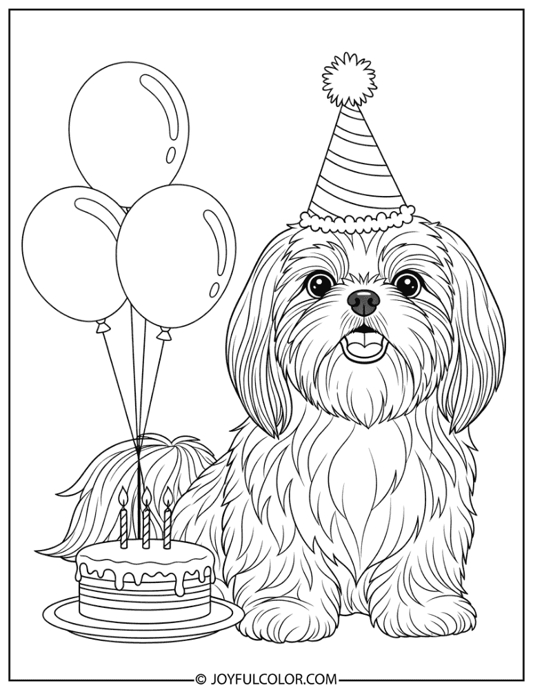Birthday Shih Tzu Coloring Page