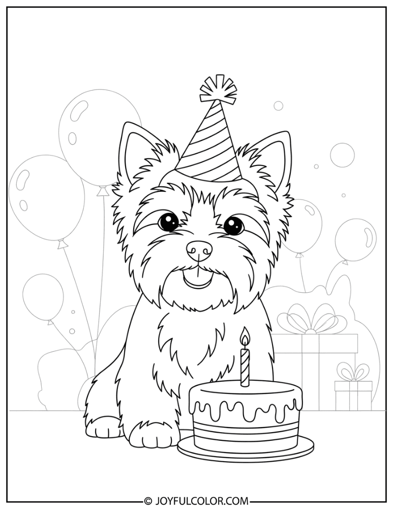 Birthday Yorkie Coloring Page