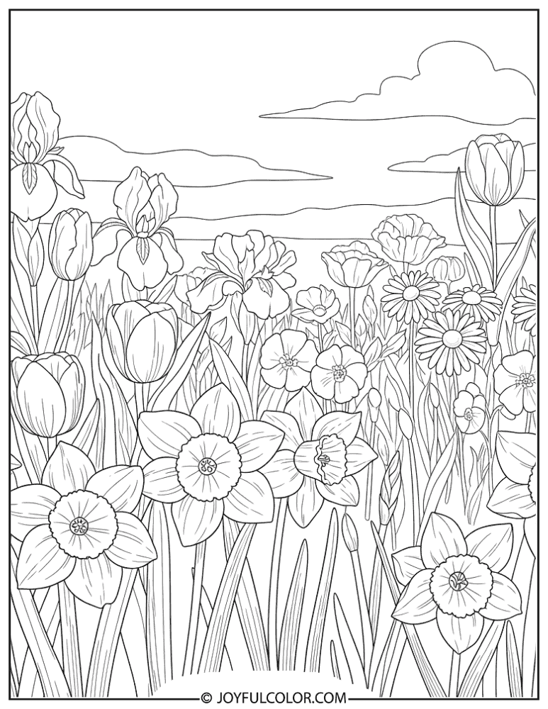 Blooming Daffodils Garden Flower Coloring Page