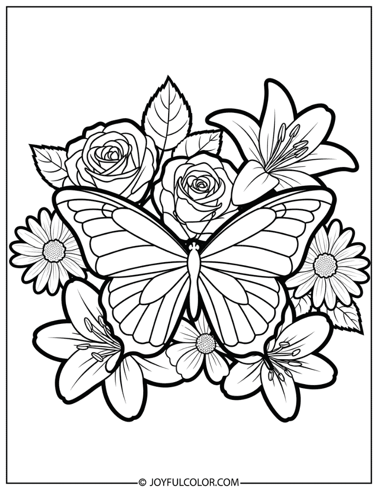 Bold Outline Butterfly on a Flower Coloring Page