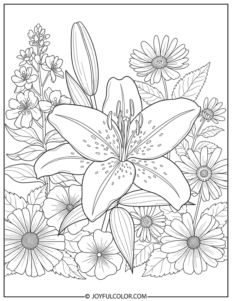 Botanical Lily Garden Flower Coloring Page