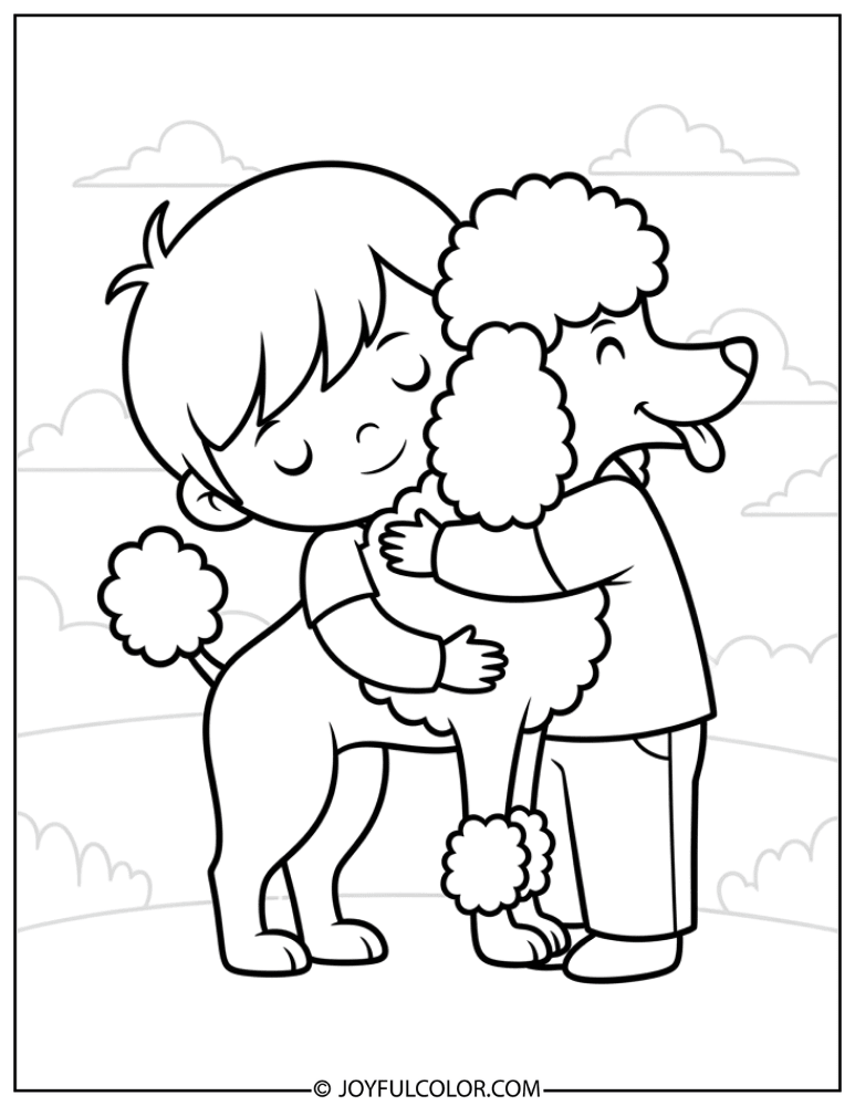 Boy Hugging Poodle Coloring Page