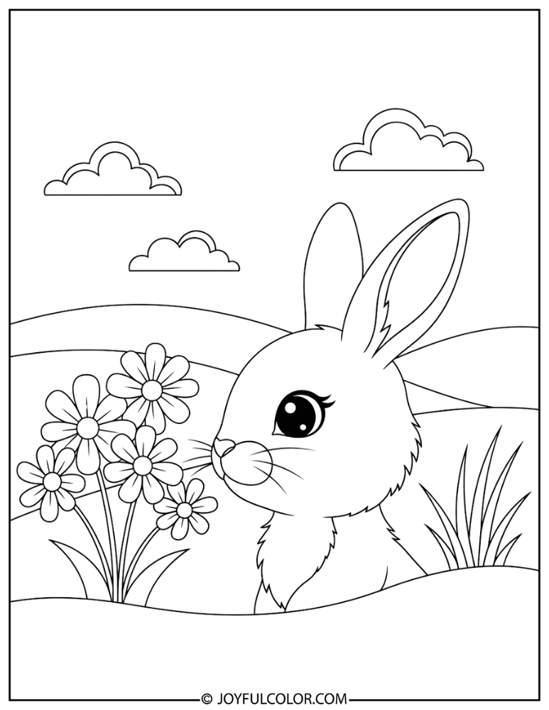Bunny Looking at Flowers Coloring Page