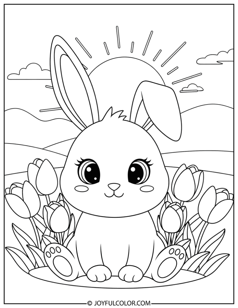 Bunny Sitting Among Tulips Coloring Page