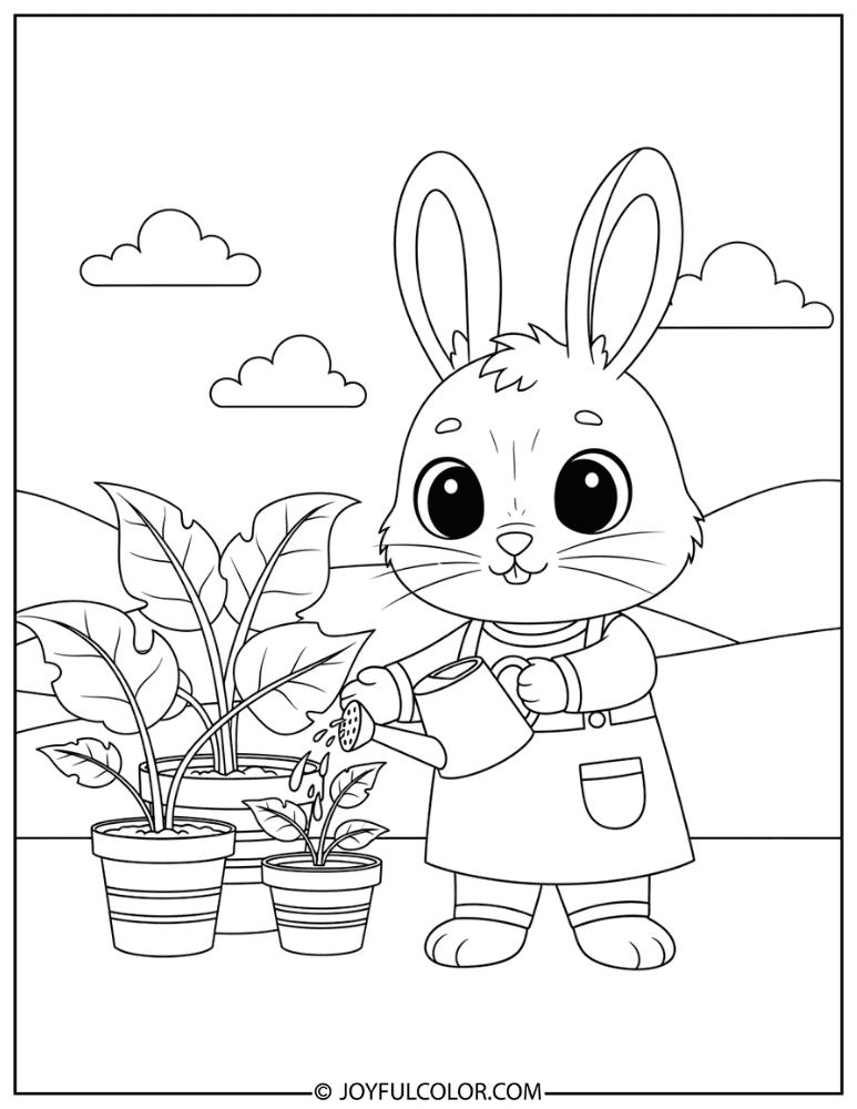 Bunny Watering Plants Coloring Page