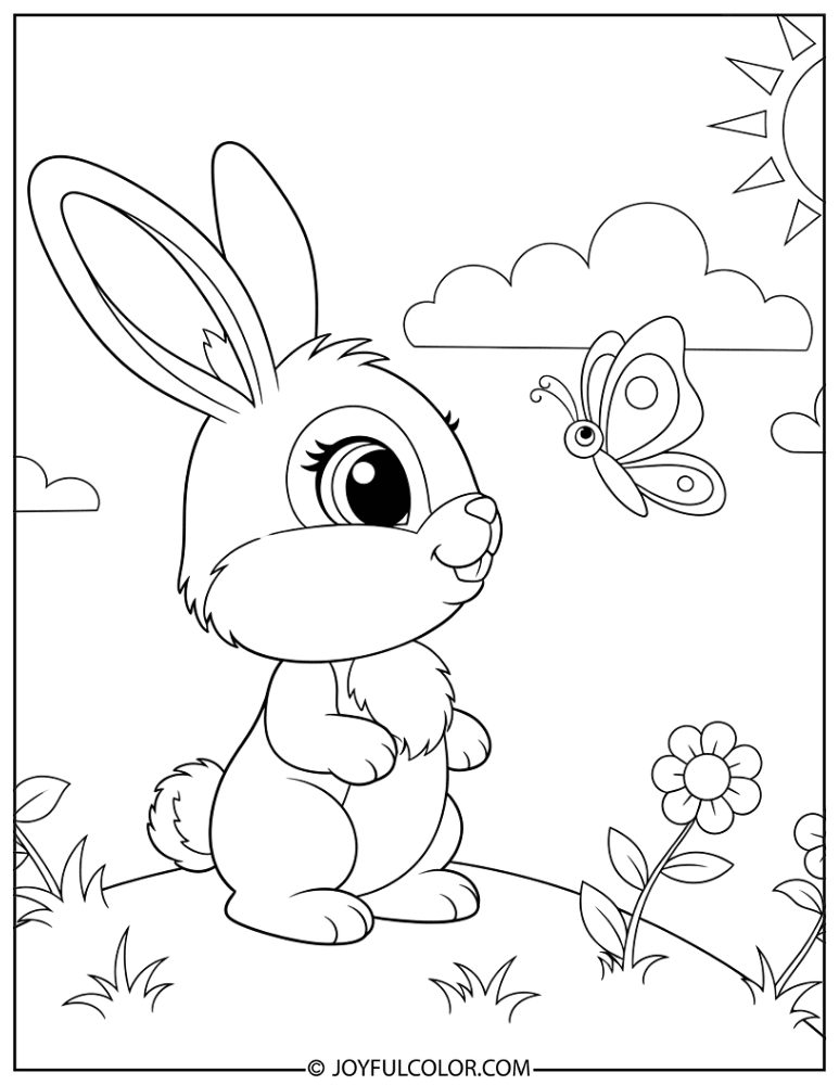 Bunny and Butterfly Scene Coloring Page