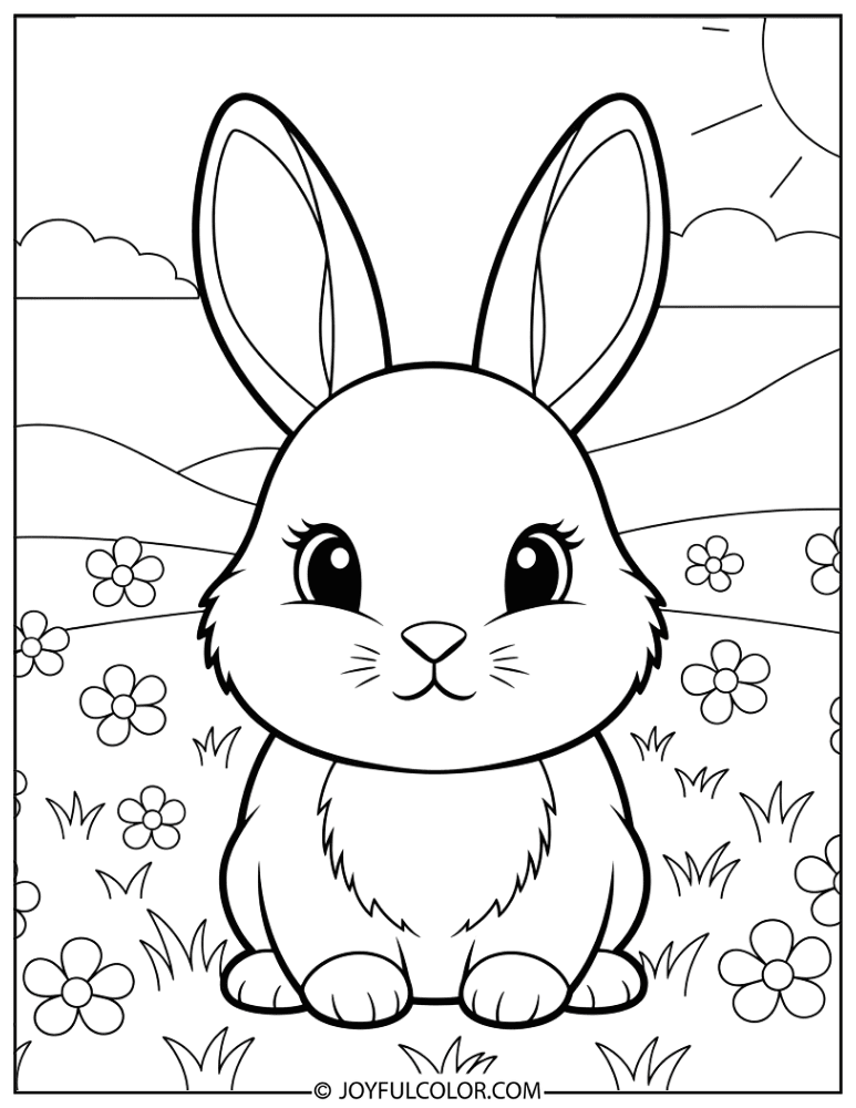 Bunny in Flower Field Coloring Page