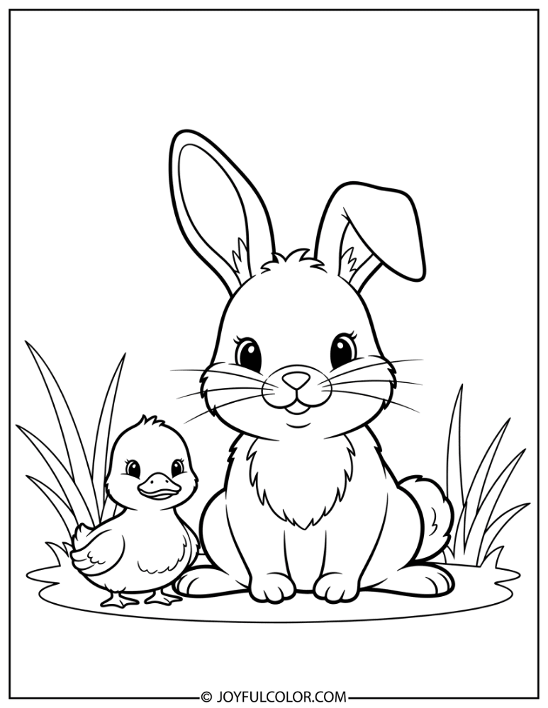Bunny with Baby Duck Coloring Page