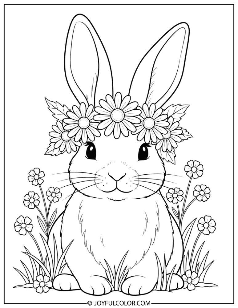 Bunny with Daisy Crown Coloring Page