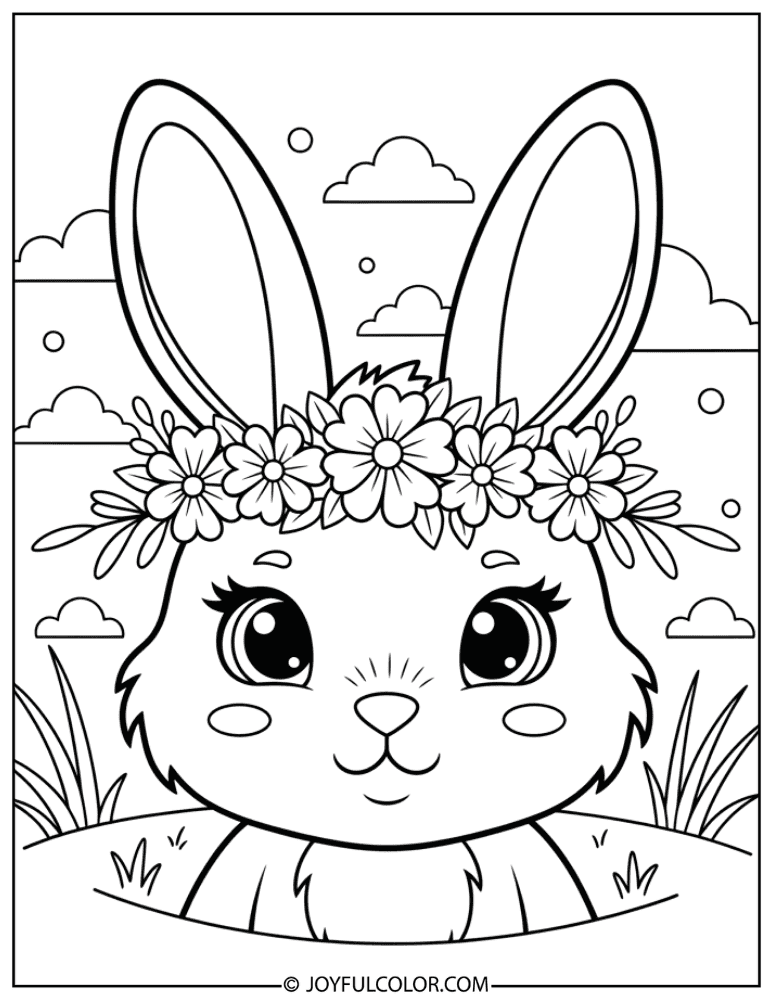 Bunny with Floral Wreath Coloring Page