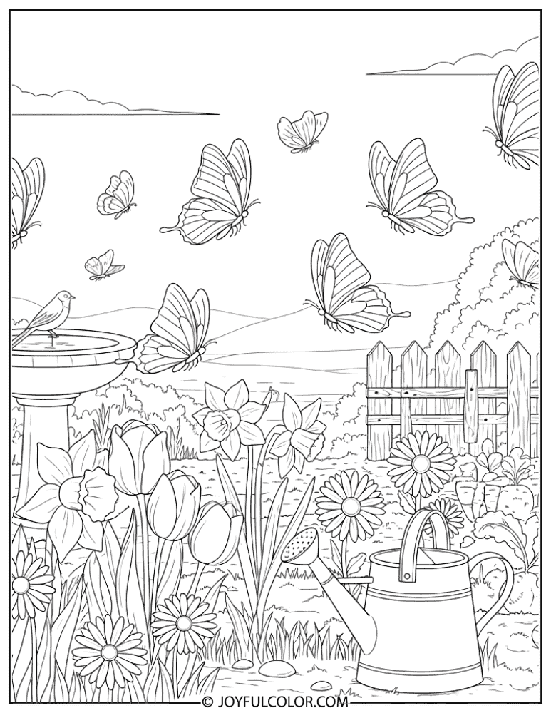 Butterflies in Spring Garden Coloring Page