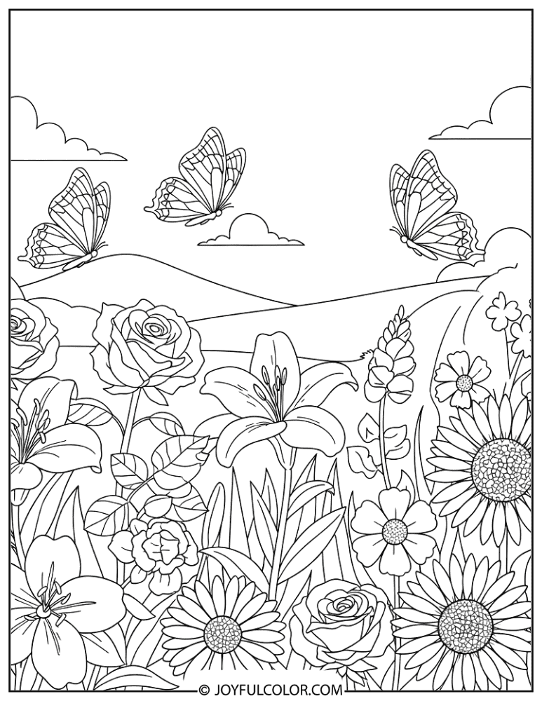 Butterflies in a Floral Garden Coloring Page
