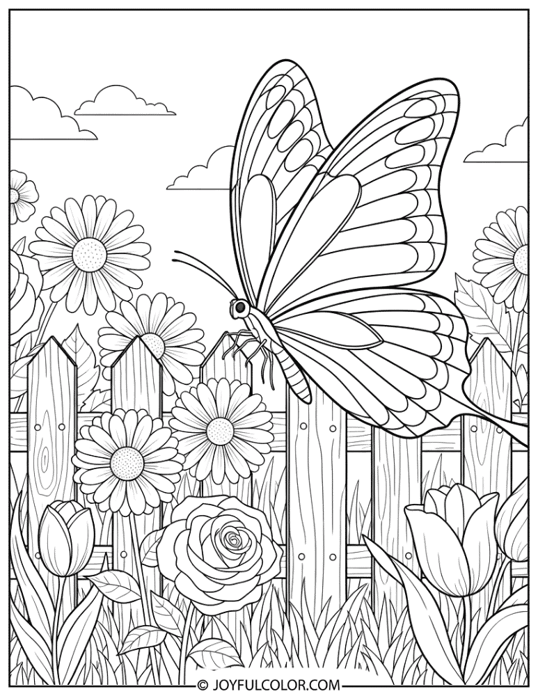 Butterfly Near a Garden Fence Coloring Page
