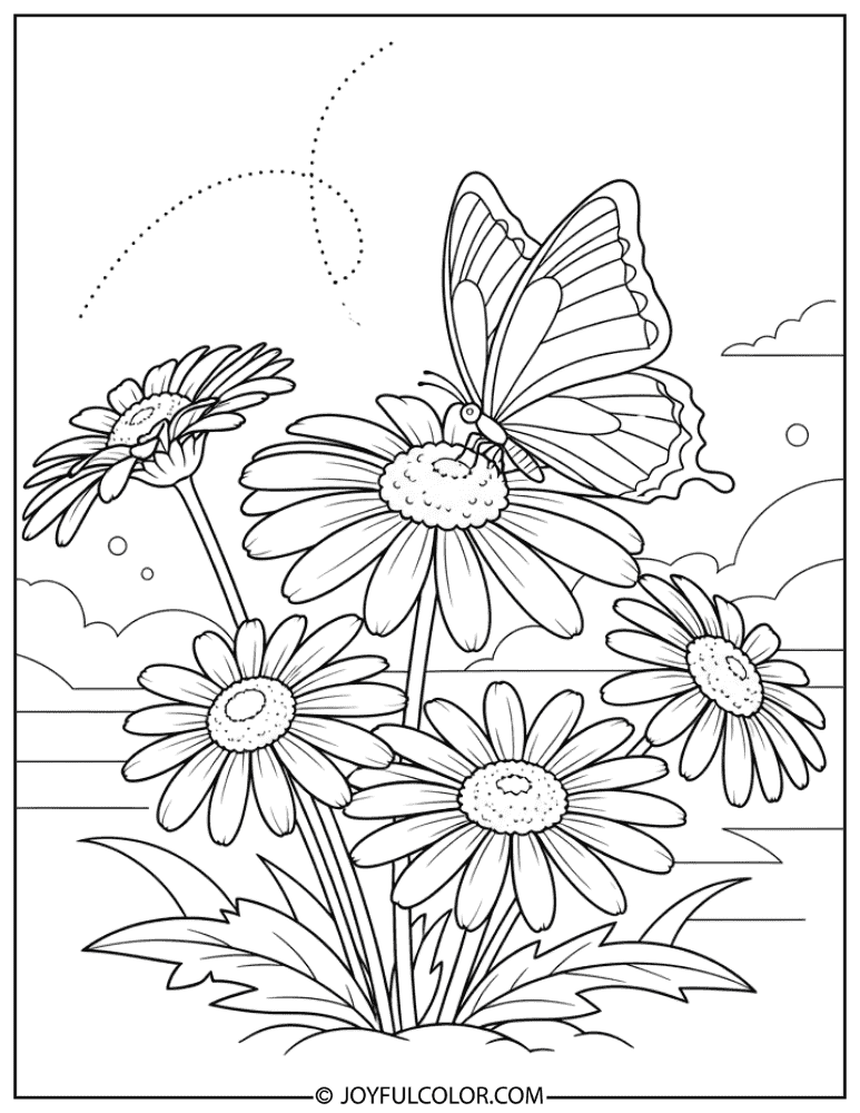 Butterfly Resting on Daisy Coloring Page