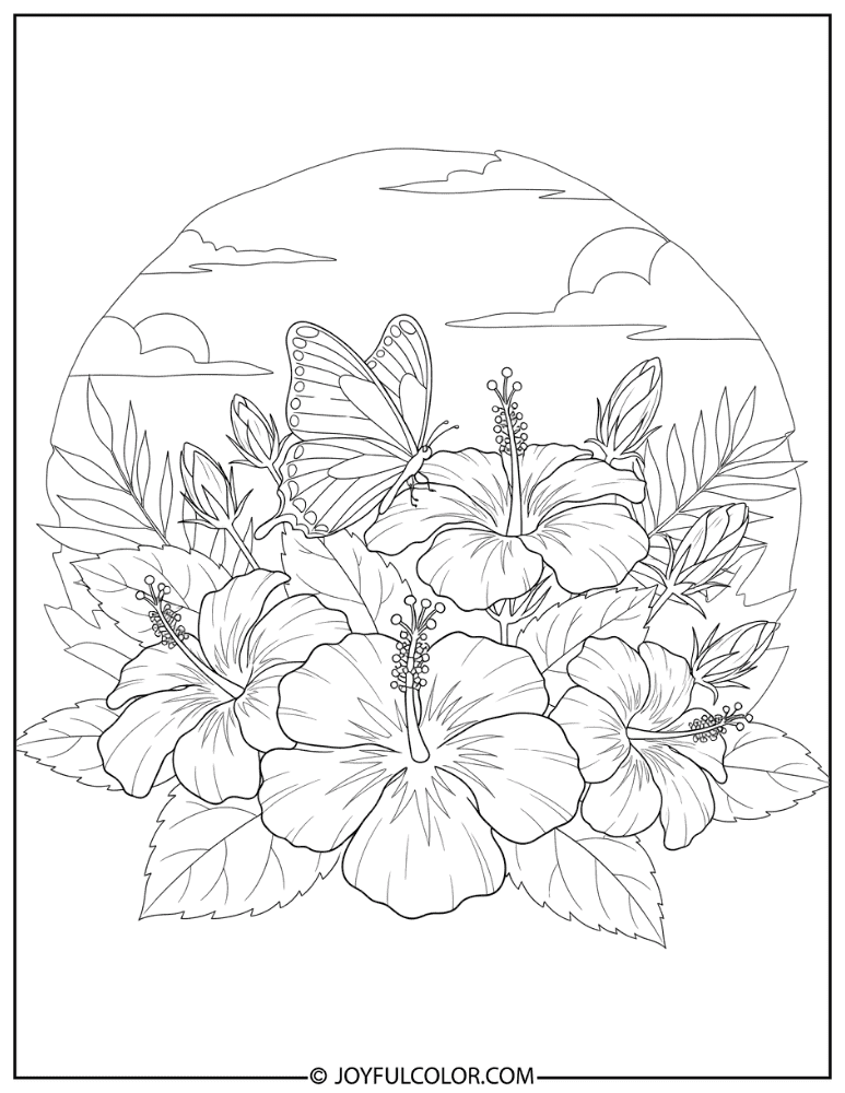 Butterfly Resting on Hibiscus Coloring Page