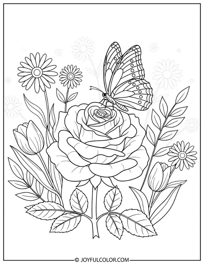 Butterfly Resting on a Rose Coloring Page