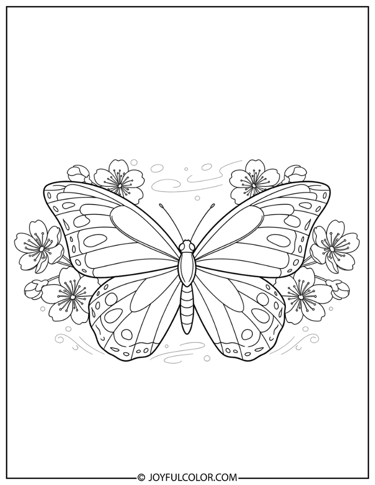 Butterfly and Cherry Blossoms Coloring Page