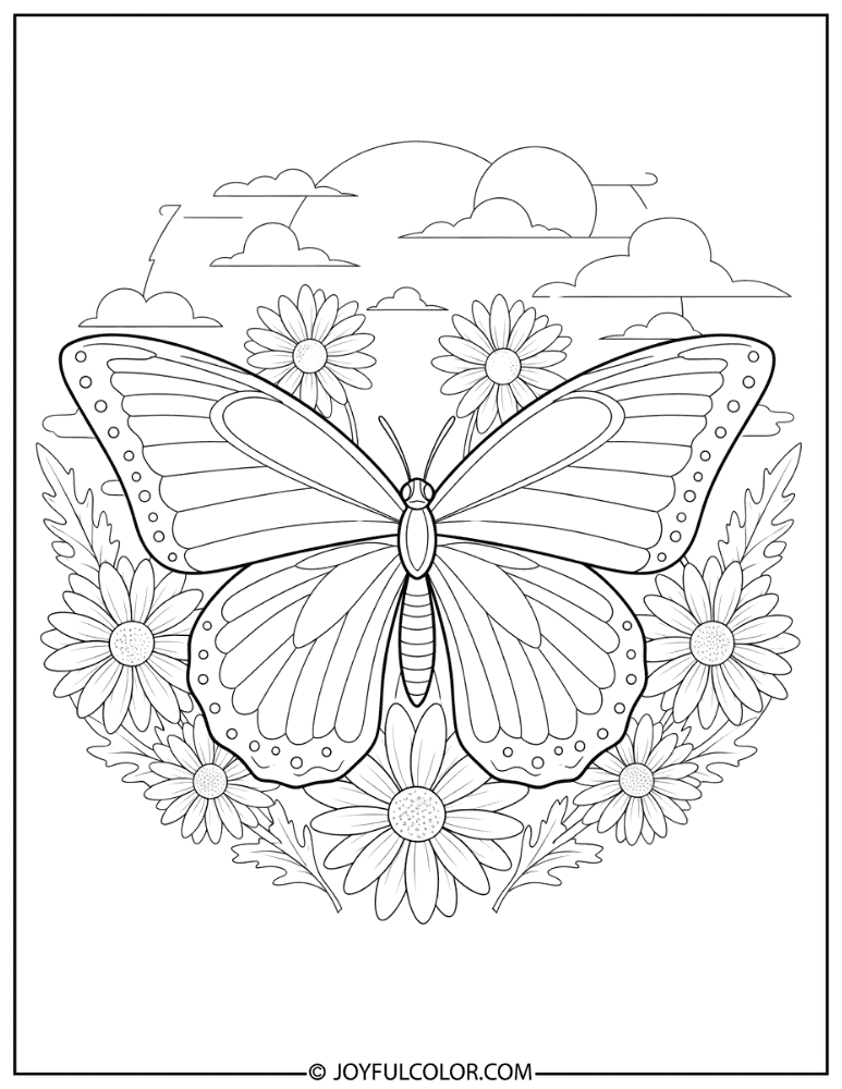 Butterfly and Daisies Coloring Page