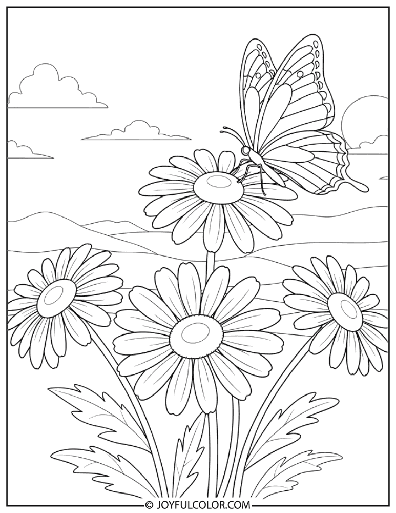 Butterfly and Daisy Coloring Page