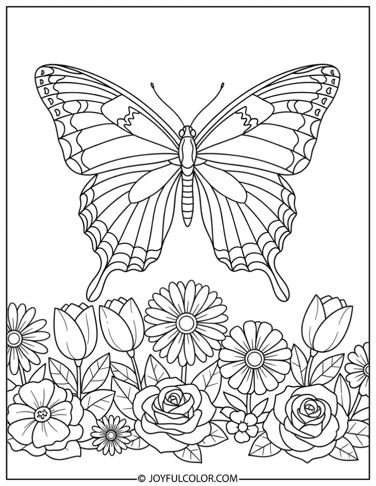Butterfly and Flower Bed Scene Coloring Page