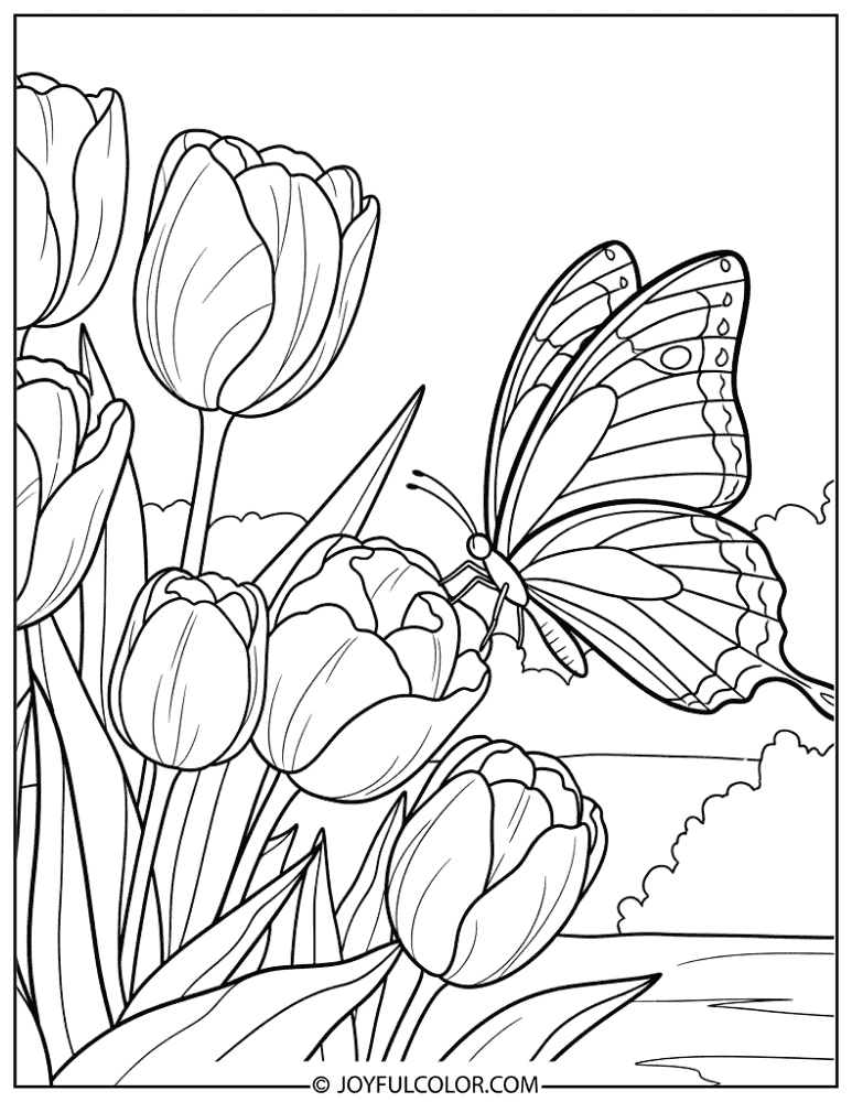 Butterfly and Tulip Garden Coloring Page